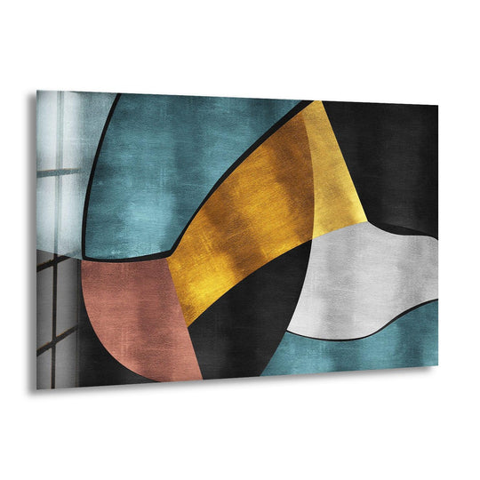 A soft, flowing curve of muted rose and shimmering gold accents an abstract glass wall art decor piece.