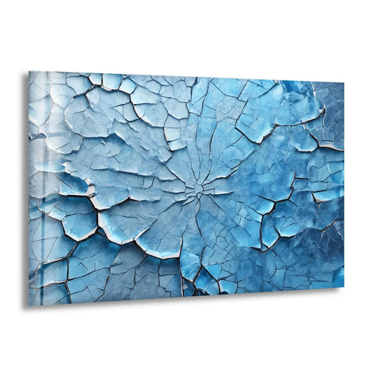 Cracked ice abstract glass wall art features soft, peeling blue textures that mimic delicate, frozen petals on wall prints.