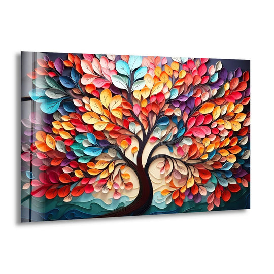 Colorful Tree of Life Wall Art – Vibrant Multicolor Glass Print with 3D Leaf Design for Modern Home Decor - MyPhotoStation