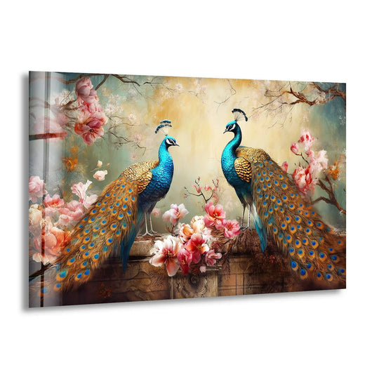 Two peacocks perch on a stone ledge surrounded by flowers, rendered in a vibrant glass art print with subtle geometric background patterns.