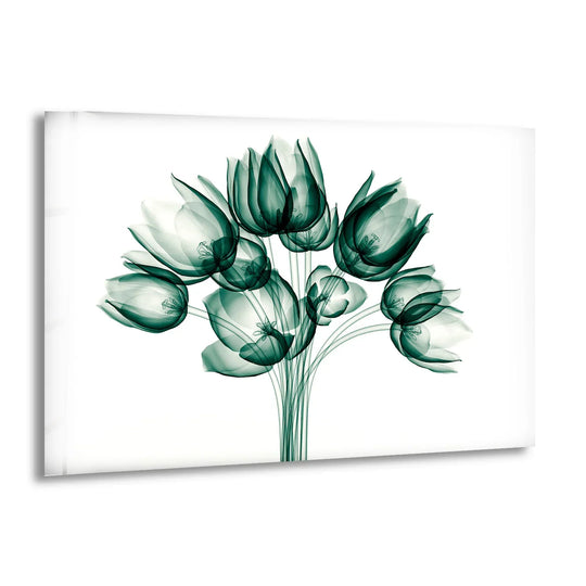 Shadows softly define the elegant tulip bloom art from glass, illuminating the transparent floral glass print's delicate, refined beauty.