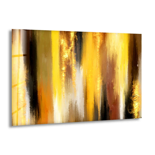 Golden Glow wall art prints showcase stark color contrast with bold vertical stripes of bright yellow, black, and warm amber hues.