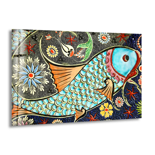 Turkish Mosaic Fish Wall Art – Colorful Ceramic Pattern Glass Print for Unique Decor - MyPhotoStation
