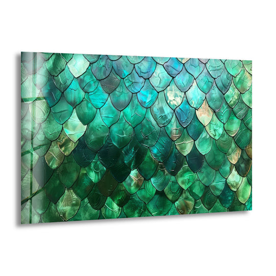 The vibrant depth and layered texture of emerald green scales form a compelling abstract glass hanging wall art.