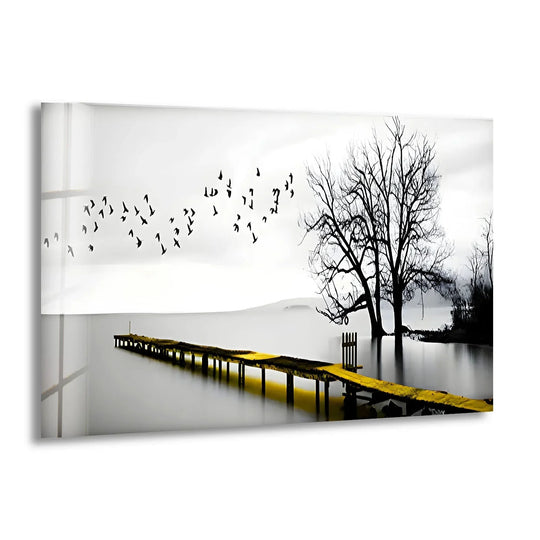 The softest element is the calm, misty water that surrounds this black and white dock and birds decorative wall art printed on glass.