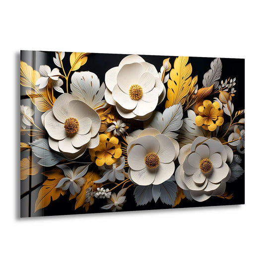 Suggesting movement, the gold and white 3D flower design of this luxury floral glass wall art adds a dynamic sense of rhythm to your home decor.
