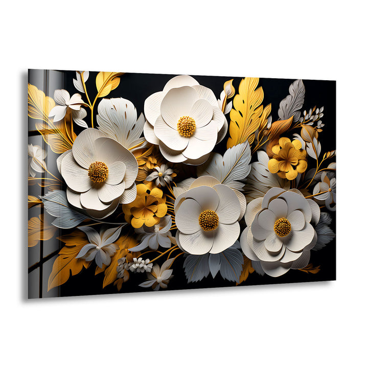 Luxuriöse florale Glaswandkunst – Gold- und weißes 3D-Blumendesign 