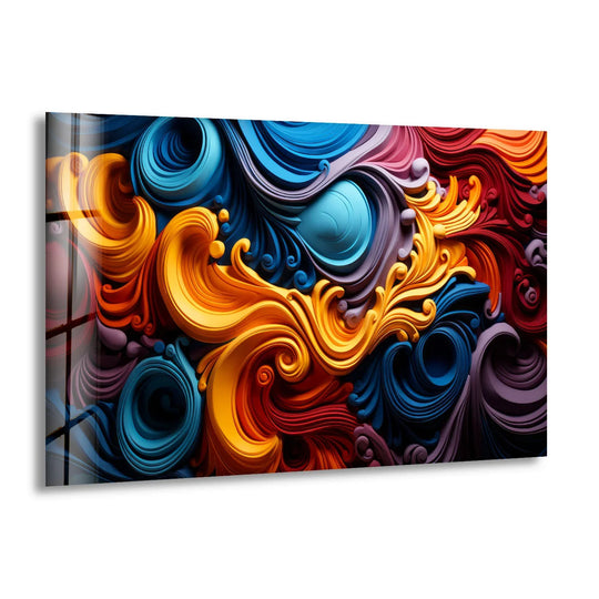 Textured glass wall artwork features a captivating abstract design with rich, glossy finishes and vivid color depth.