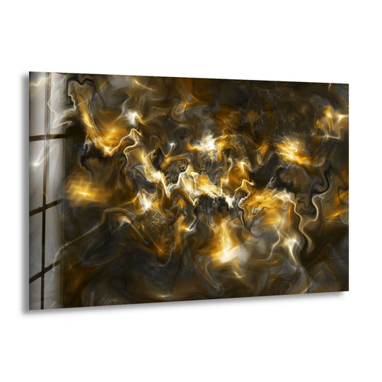 Abstract glass art featuring golden energy flowing through negative space, creating a striking marble-like texture.