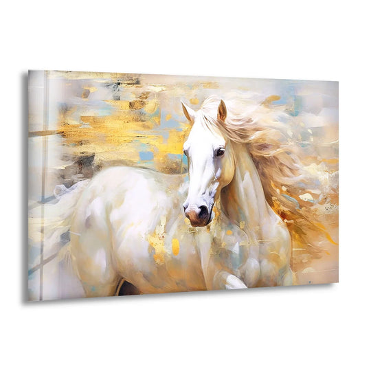 Majestic white horse glass art captures abstract gold and blue tones, a striking home decor piece.