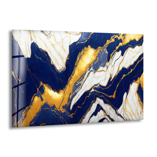 Realistic detail highlights navy and gold veins in this glass art painting with a luxurious marble effect.