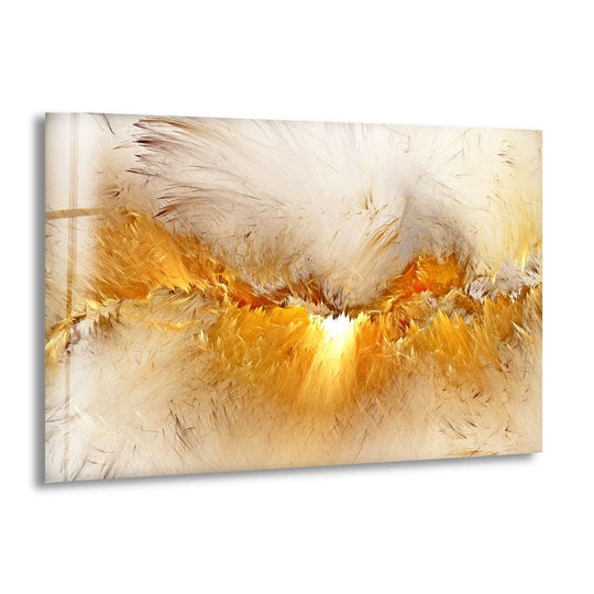 Golden feather storm glass art painting showcases textured edges with a bright light burst.