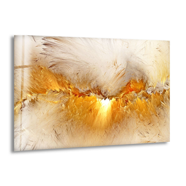 Golden Feather Storm Wall Art – Abstract Light Burst Glass Print