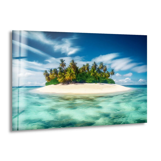 Captured in print wall art, the central subject is a verdant, secluded tropical island showcasing a white sandy beach and turquoise waters.
