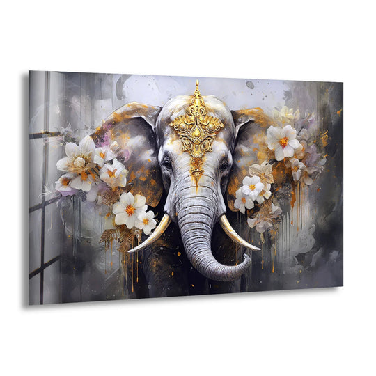 Regal elephant canvas wall art features golden floral decor and royal design on glass panel and elephant artwork for a majestic display