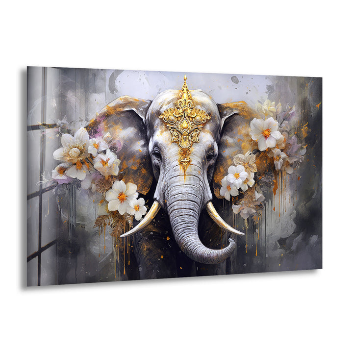 Regal Elephant Wall Art – Golden Floral Decor on Tempered Glass Panel