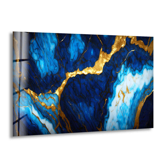 Sapphire veins swirl through deep azure layers in this luxurious glass printing, accented by shimmering gold veins.