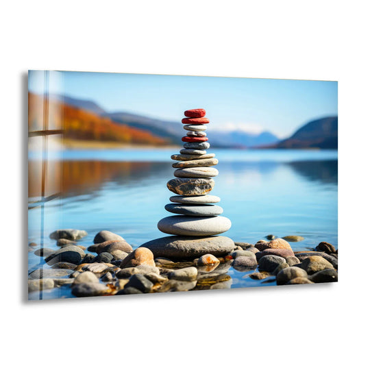 Foreground stones scattered in the tranquil lake accentuate the serene scene of stacked stones glass print wall art, reflecting balance and harmony.