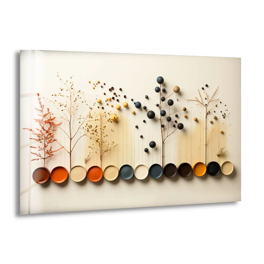 Horizontal modern nature palette art from glass features a minimalist trees and color dots print on a rectangular glass pane.