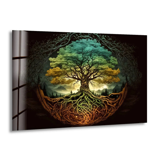 Foreground detail shows intricate, illuminated roots interwoven with a glowing orb beneath the symbolic Tree of Life, creating stunning glass wall art decor.