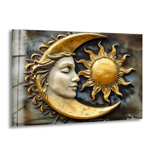 Space Wall Art glass wall art featuring a sun and moon motif in gold and white brings celestial beauty as decorative glass print and adds stylish themes
