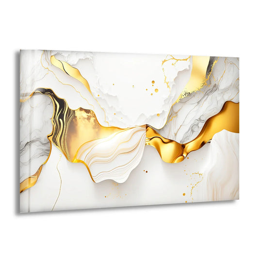 Detailed realistic abstract glass wall art decor features swirling white marble textures with striking liquid gold wave accents.