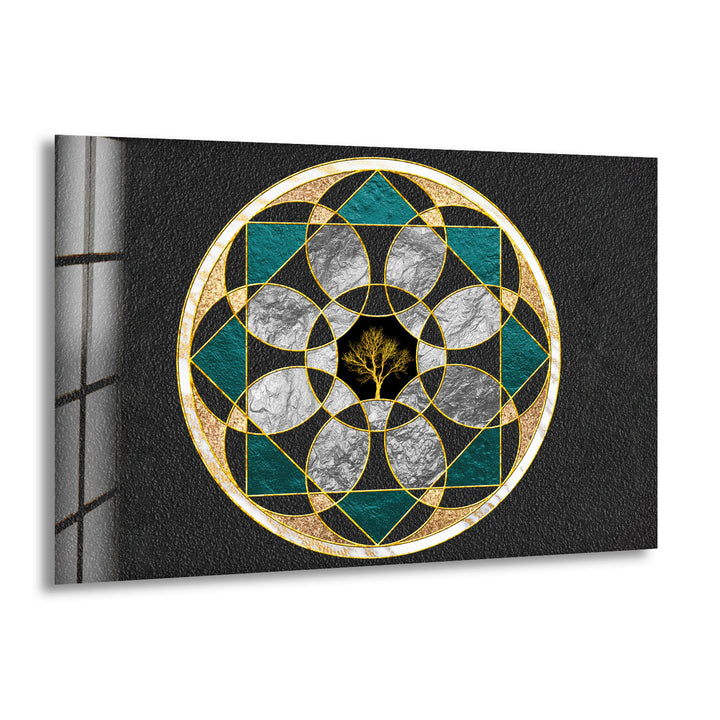 Wandkunst mit heiliger Geometrie, Baum des Lebens – Moderne Glasplatte mit goldenem Mandala-Design