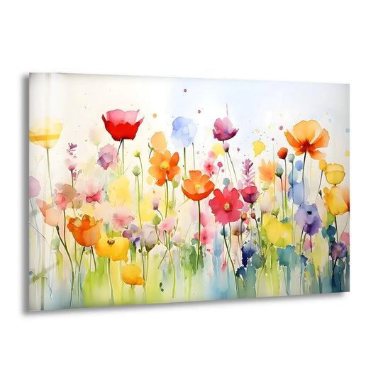 Watercolor flowers layered in a vibrant, delicate display create unique modern wall decor.