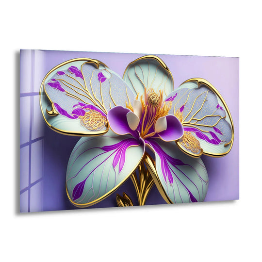 Exquisite craftsmanship highlights the high material quality of this luxury orchid bloom glass art, featuring refined purple and gold accents in the floral glass print.
