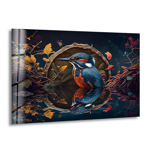 Abstract glass wall art decor of a kingfisher bird with vibrant colors in a dark, reflective forest setting.