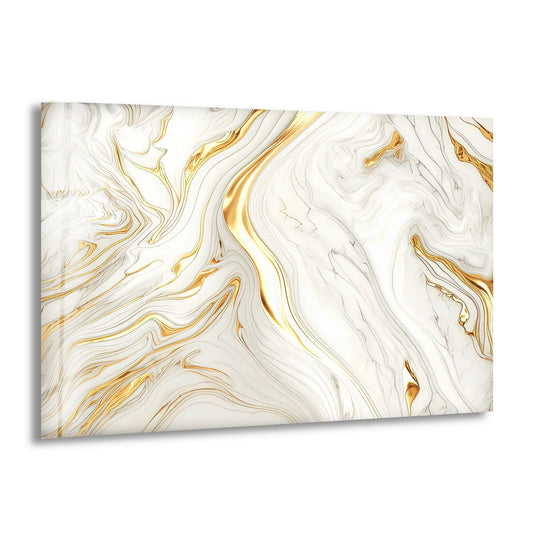 Minimalist home decor featuring white and gold abstract marble swirls with subtle thin grey lines on a vast white background.