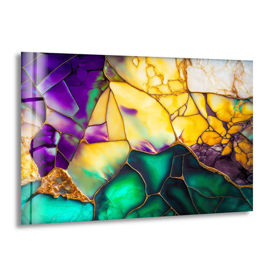 Emerald amethyst abstract glass wall art showcasing a vibrant layering effect of geode mosaic colors.