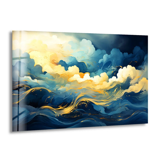 Dark navy waves crash with golden swirls on this abstract glass printing of a stormy, dreamy horizon.