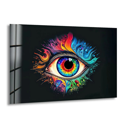Glass wall art with a vibrant abstract eye and colorful swirling edges, featuring a distinct border.