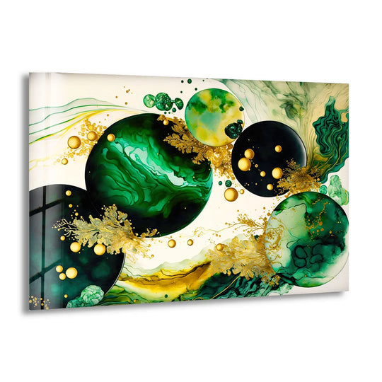 Textured emerald and gold marbling creates a luxurious decorative wall art on tempered glass.