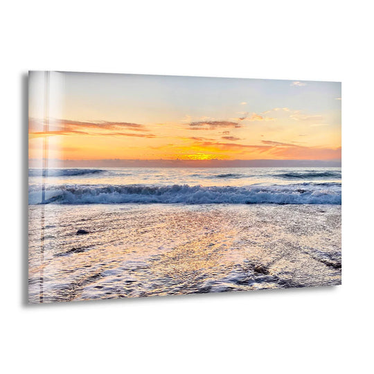 Gleaming golden hues highlight the focal point in this peaceful sunset beach scene, showcasing serene glass art on the Golden Horizon Ocean Wall Art.