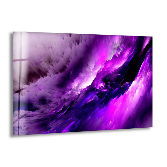 Violet cosmic storm glass print features a highly saturated abstract design of electric purples and deep violets, showcasing the best glass art.