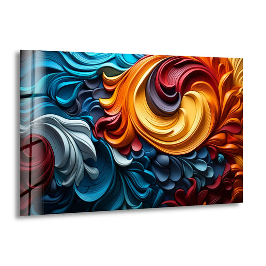 Abstract glass wall art prints featuring swirling waves of sapphire blue, rich crimson, and golden yellow.