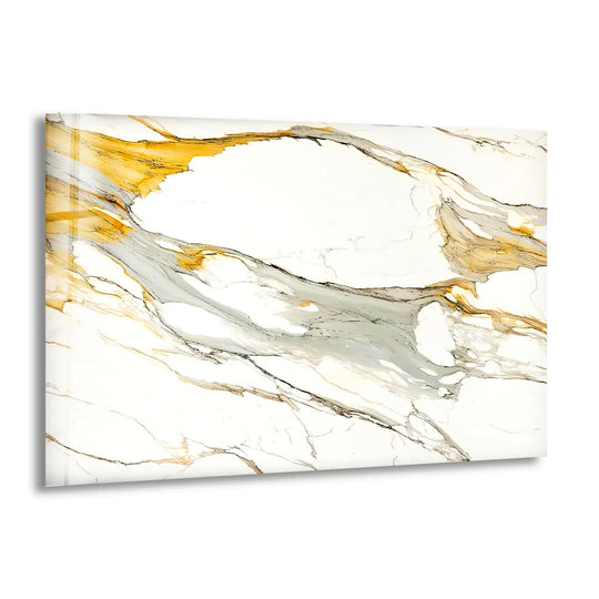 Golden Drift glass art showcases exquisite layering of white marble with rich gold and grey veins.