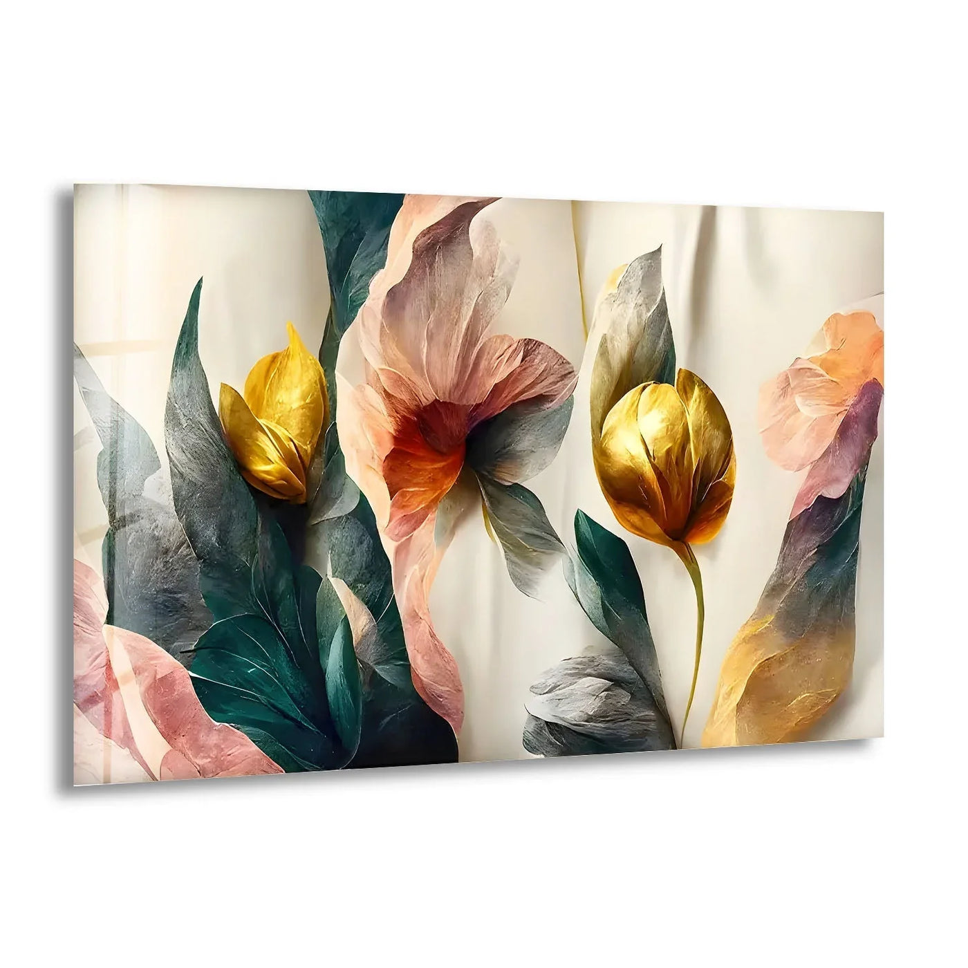 Abstract golden details on a pink flower glass wall art decor, showcasing intricate textures and rich colors.