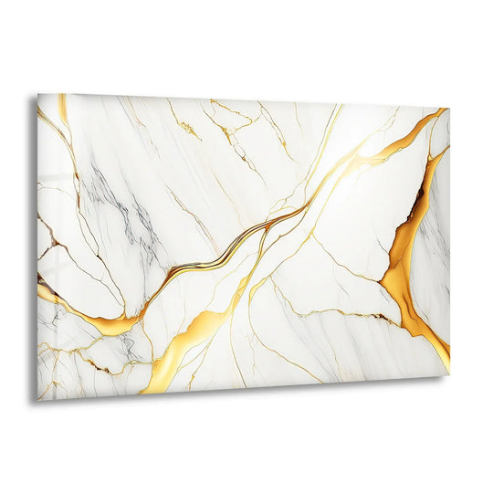 The abstract glass wall art features a captivating visual rhythm of flowing white marble and radiant gold veins, creating the best glass art.