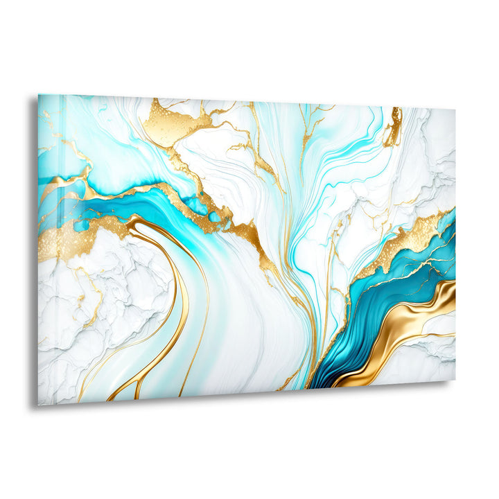 Wandkunst aus blauem und goldenem Marmor – Eleganter, fließender abstrakter Glasdruck