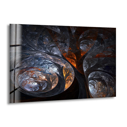 Fractal swirls on this glass wall print are illuminated by dramatic light and shadow, creating a cosmic abstract universe.