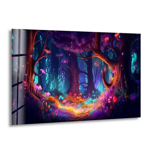 Featuring prominent geometric elements, this enchanted forest fantasy glass print displays the magical glass wall art decor that makes up a mystical scene.