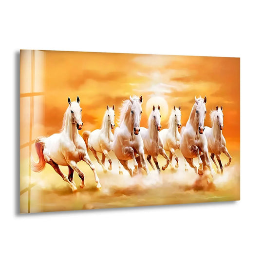 Animal glass wall art white horses running on sunset and animal wall art for majestic nature decor with sunset colors