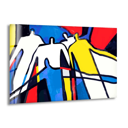 Abstract figures wall art featuring white and yellow silhouettes against a vibrant geometric blue, red, and black background, as glass wall artwork.