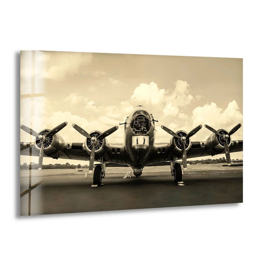 Sepia-toned vintage warplane print wall art captures dramatic light and shadow across its vintage aircraft.