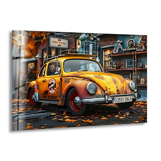 A layered effect showcases a weathered orange Volkswagen Beetle, creating a dynamic wall print on tempered glass.