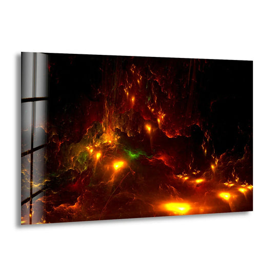 Fiery nebula print wall art with blazing orange and yellow abstract elements that demand attention.
