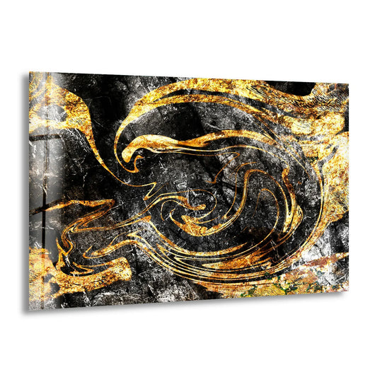 Abstract black gold glass art features a dynamic focal point of swirling metallic gold against a textured dark background.